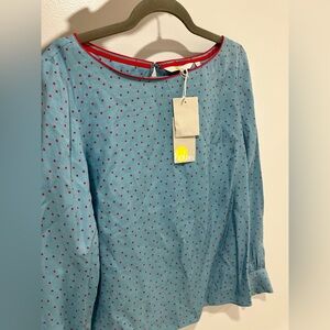 New with Tag - Boden Women’s Blouse Top, long sleeves,color Blue with Red Dots